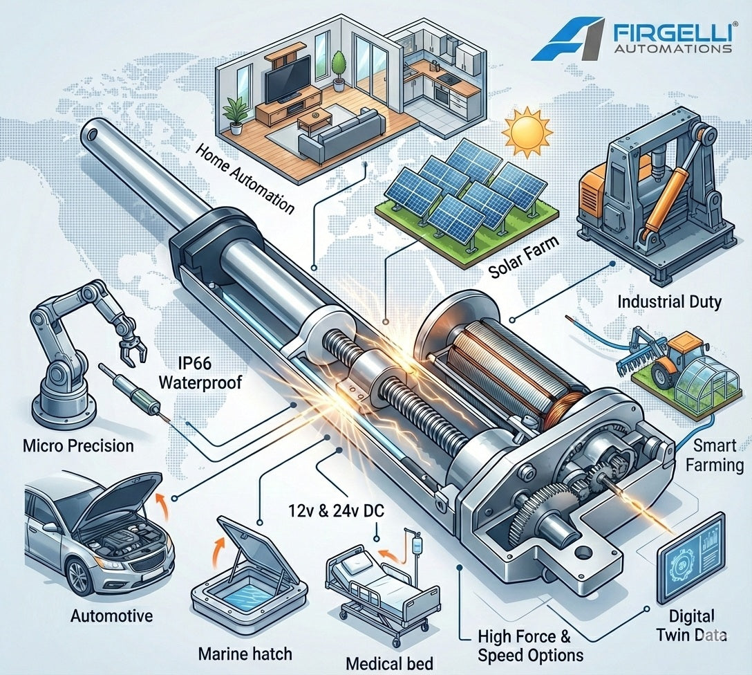 Internal view of a Firgelli Electric Linear Actuator motor and gearbox, demonstrating versatile applications in Home Automation (TV Lifts), Solar Tracking, and Agricultural Machinery.