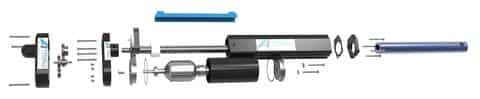 Exploded view of a micro linear actuator showing miniaturized motor, gears, and lead screw mechanism