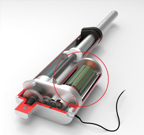 Exploded view showing a DC motor inside a linear actuator connected to spur gears and a lead screw